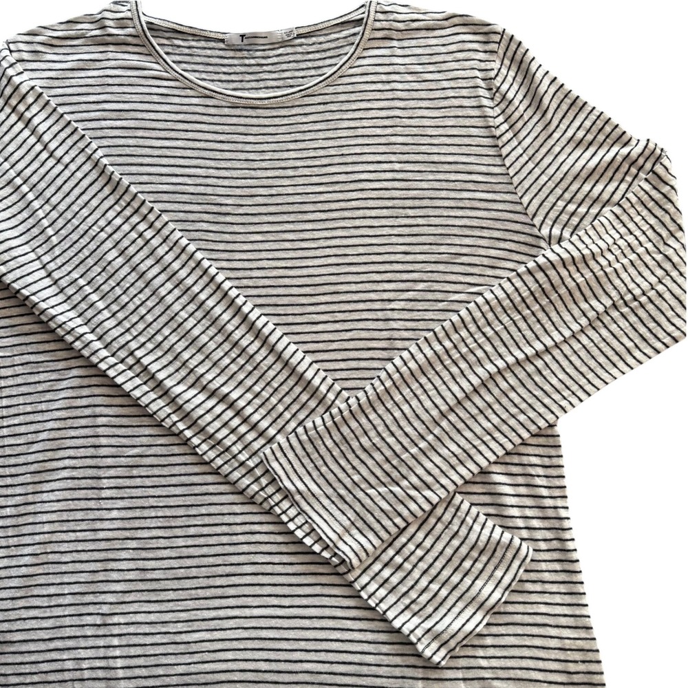 Alexander Wang T Black White Striped Linen Blend Long Sleeve Slub Knit Top L